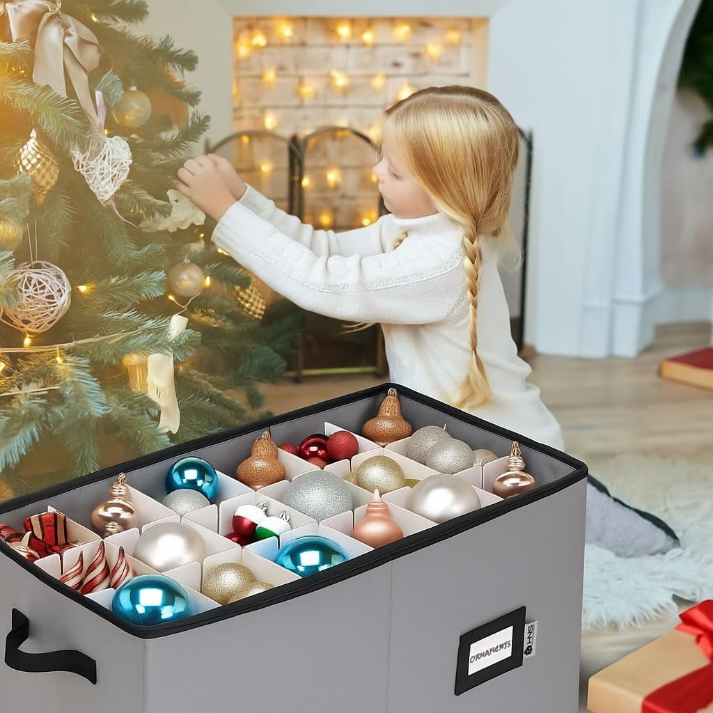 Christmas Ornament Storage Container with Dividers - Box Stores Up to 54 Ornaments. Zippered. Convenient. Adjustable. Large Organizer Bin to Protect Holiday Décor. Fits Most Standard Size. Grey - Image 2