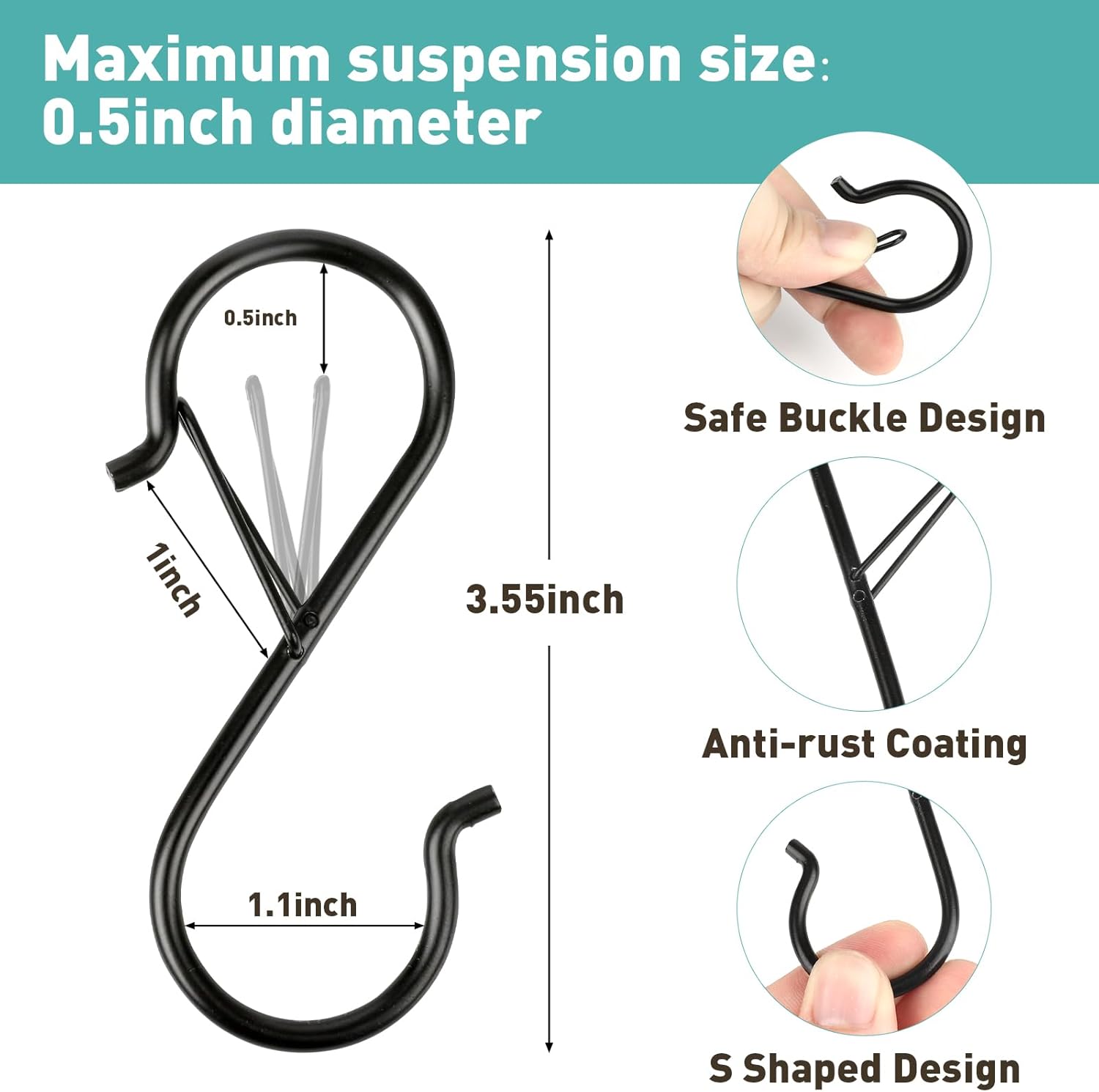 12 Pcs S Hooks for Hanging Heavy Duty. 3.5-inch Heavy Duty Metal S Hook with Safety Buckle. Suitable for 0.5 inch Rods. S Hook for Hanging Plants. Closet. Kitchen Utensil. Pot. Pan. Bags - Image 2
