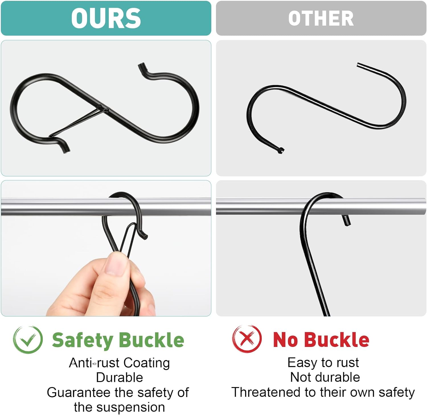 12 Pcs S Hooks for Hanging Heavy Duty. 3.5-inch Heavy Duty Metal S Hook with Safety Buckle. Suitable for 0.5 inch Rods. S Hook for Hanging Plants. Closet. Kitchen Utensil. Pot. Pan. Bags - Image 5