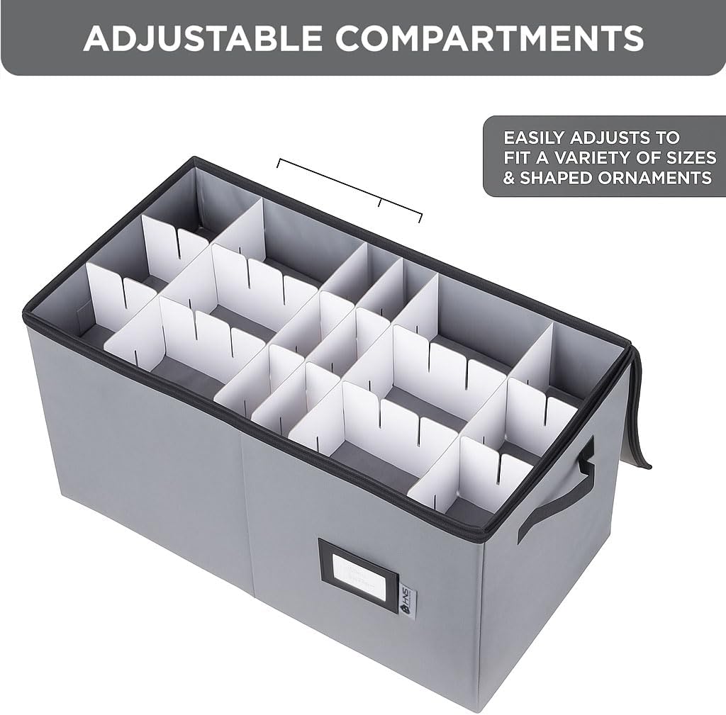 Christmas Ornament Storage Container with Dividers - Box Stores Up to 54 Ornaments. Zippered. Convenient. Adjustable. Large Organizer Bin to Protect Holiday Décor. Fits Most Standard Size. Grey - Image 5