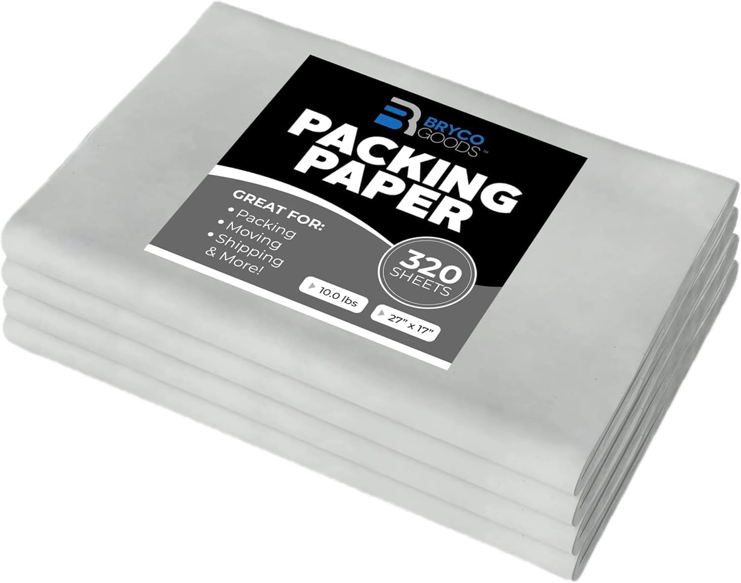 Bryco Goods Newsprint Packing Paper Sheets for Moving - 10lb - 320 Sheets of Newspaper Paper - Wrapping and Protecting Fragile Items. Box Filler. Shipping Supplies - 27 x 17 - Made in the USA
