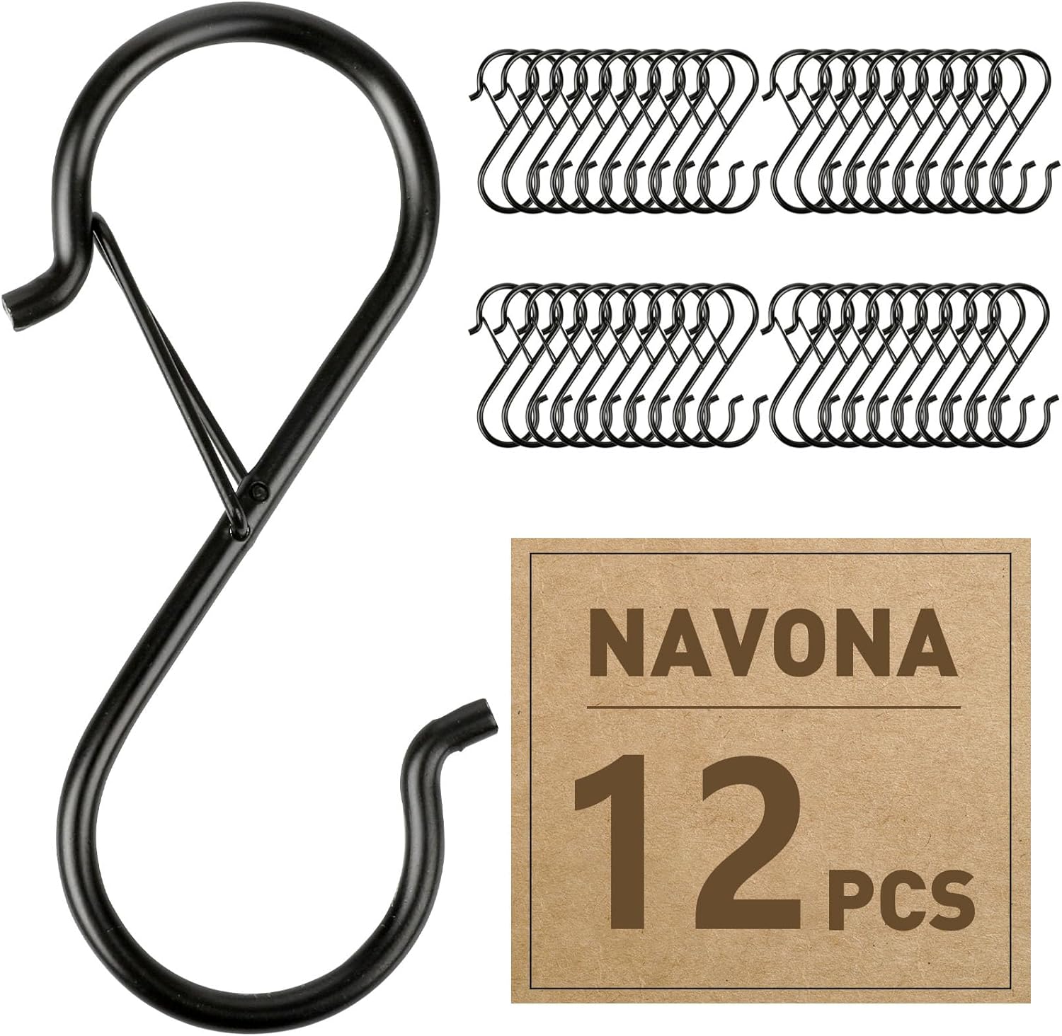 12 Pcs S Hooks for Hanging Heavy Duty. 3.5-inch Heavy Duty Metal S Hook with Safety Buckle. Suitable for 0.5 inch Rods. S Hook for Hanging Plants. Closet. Kitchen Utensil. Pot. Pan. Bags